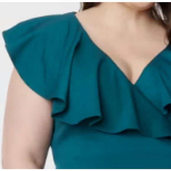 UNIQUE VINTAGE 3X-20 Plus Curvy Teal Green V-Neck Ruffle Wiggle Dress NWT B115 - Picture 8 of 11